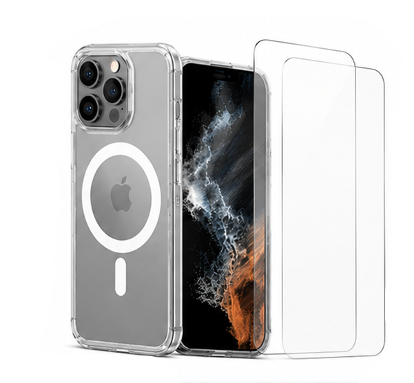 For iPhone 15 Pro Max Clear MagSafe Case + 2 Pack 9H Tempered Glass Screen Protectors Bundle Shockproof Crystal Clear Protective Cover
