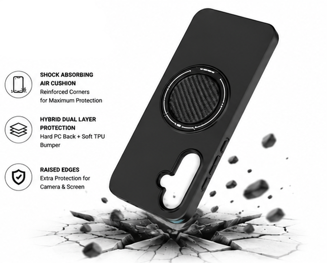 For Samsung Galaxy A37 Black  Magsafe Spin Grip Phone Case + 2 Pack 9H Tempered Glass Screen Protectors