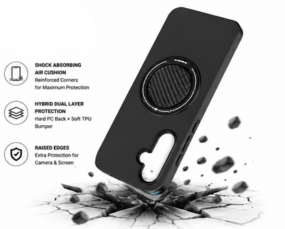 For Samsung Galaxy A37 Black  Magsafe Spin Grip Phone Case + 2 Pack 9H Tempered Glass Screen Protectors