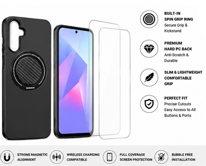 For Samsung Galaxy A37 Black  Magsafe Spin Grip Phone Case + 2 Pack 9H Tempered Glass Screen Protectors