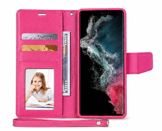 For Samsung Galaxy A55 Wallet Case with Wrist Strap – Premium Flip Cover Card Holder Case – Hot Pink