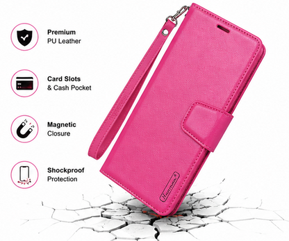 For Samsung Galaxy A55 Wallet Case with Wrist Strap – Premium Flip Cover Card Holder Case – Hot Pink