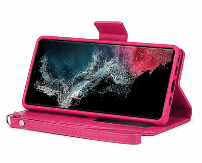 For Samsung Galaxy A55 Wallet Case with Wrist Strap – Premium Flip Cover Card Holder Case – Hot Pink