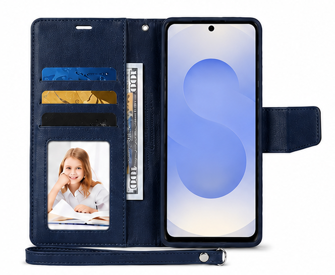 For Samsung Galaxy A17 Wallet Case with Wrist Strap + 2 Pack Tempered Glass Screen Protectors – Navy Blue