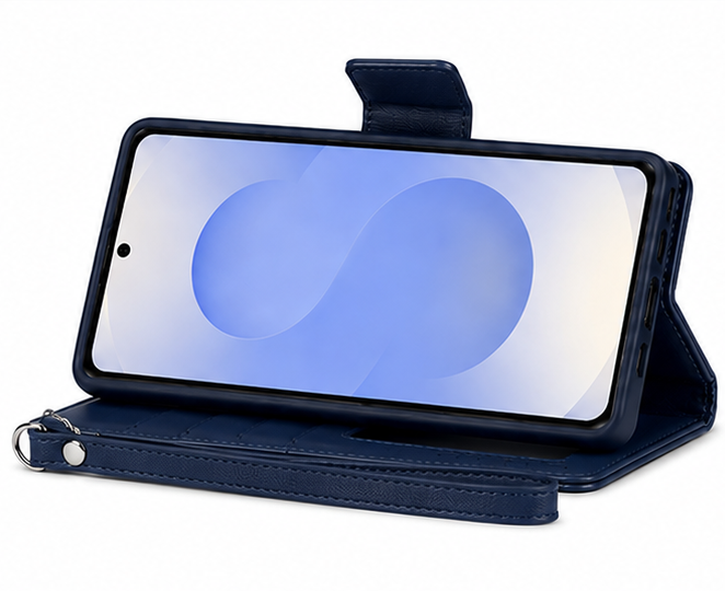 For Samsung Galaxy A17 Wallet Case with Wrist Strap + 2 Pack Tempered Glass Screen Protectors – Navy Blue