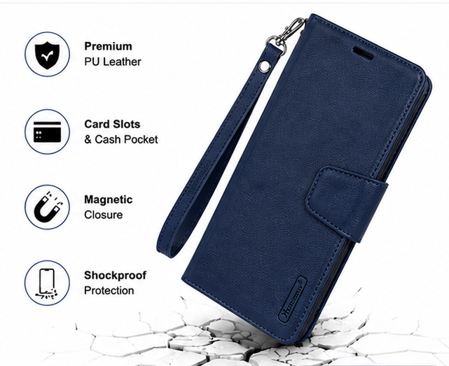 For Samsung Galaxy A17 Wallet Case with Wrist Strap + 2 Pack Tempered Glass Screen Protectors – Navy Blue