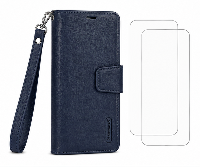For Samsung Galaxy A57 Wallet Case with Wrist Strap + 2 Pack Tempered Glass Screen Protectors – Navy Blue