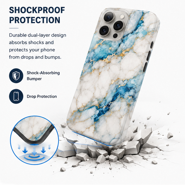For iPhone 16 Pro Magsafe Marble Pattern Dual Layer Protective Case – BlueWhite