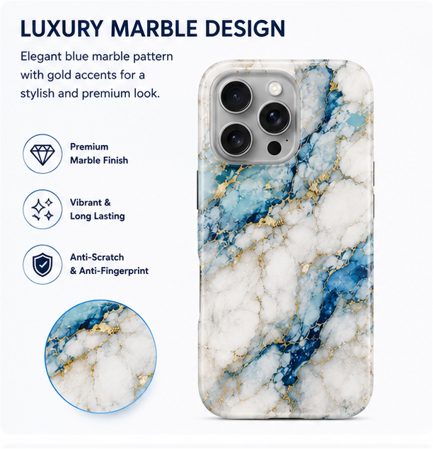 For iPhone 16 Pro Magsafe Marble Pattern Dual Layer Protective Case – BlueWhite