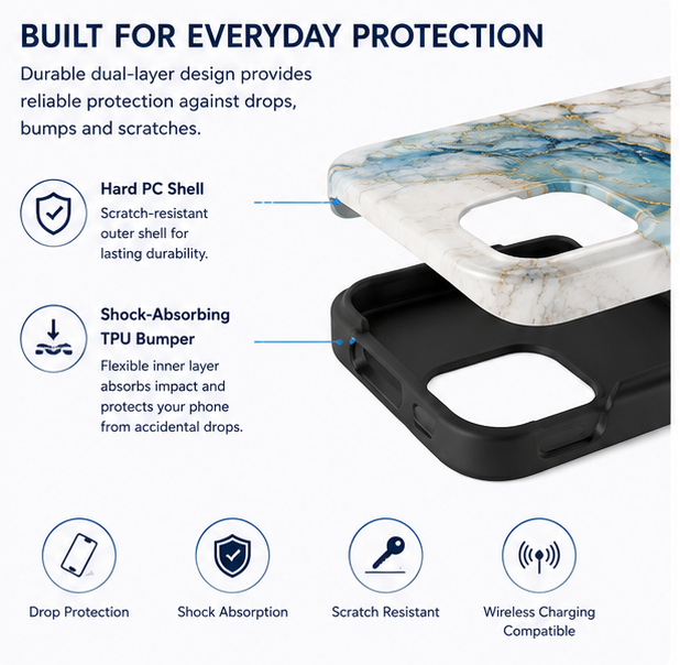 For iPhone 16 Pro Magsafe Marble Pattern Dual Layer Protective Case – BlueWhite