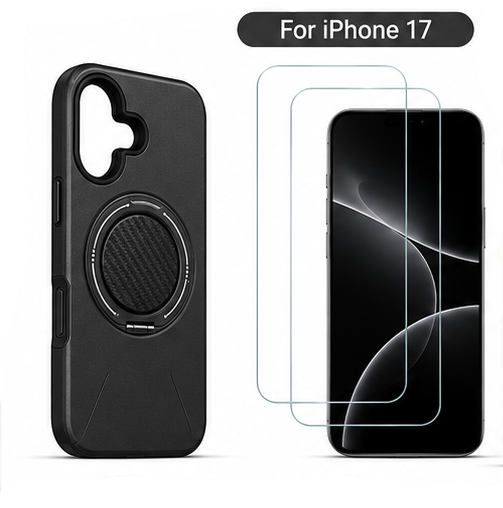For iPhone 17 MagSafe Black Spin Grip Ring Stand Case + 2 Pack Tempered Glass Screen Protectors | Shockproof Protective Cover