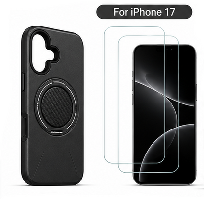 For iPhone 17 MagSafe Black Spin Grip Ring Stand Case + 2 Pack Tempered Glass Screen Protectors | Shockproof Protective Cover