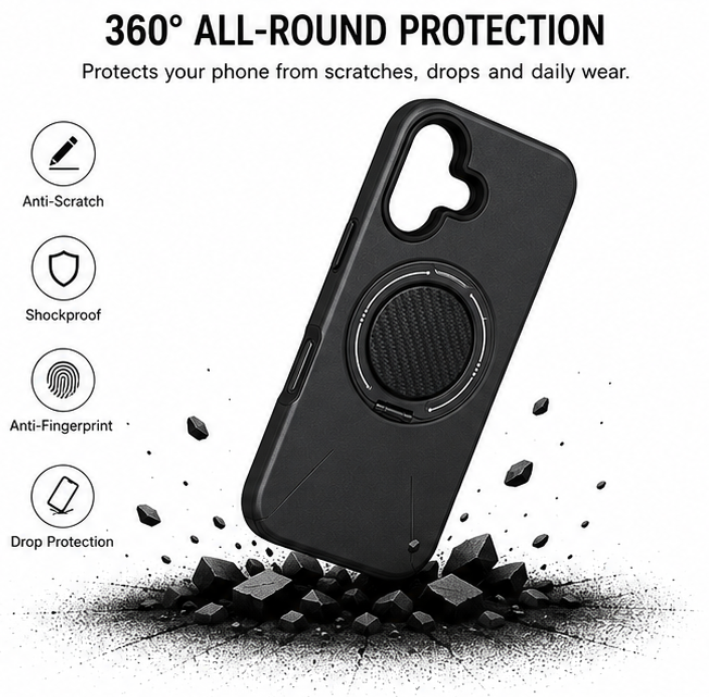 For iPhone 16 Plus+ MagSafe Black Spin Grip Ring Stand Case + 2 Pack Tempered Glass Screen Protectors
