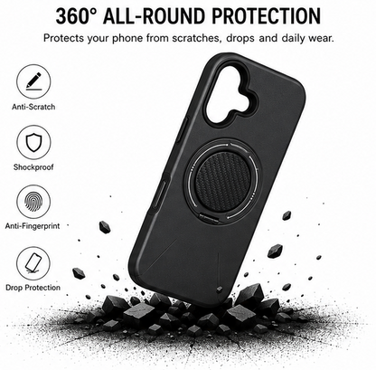 For iPhone 16 Plus+ MagSafe Black Spin Grip Ring Stand Case + 2 Pack Tempered Glass Screen Protectors