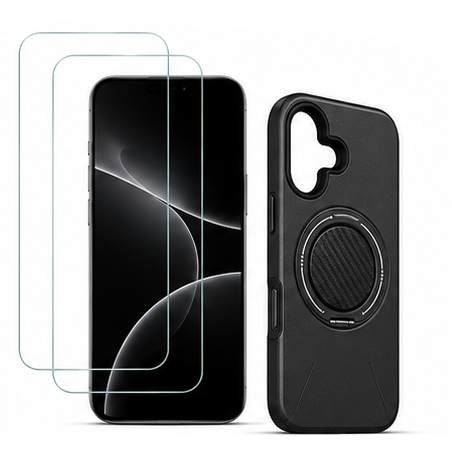 For iPhone 16 Plus+ MagSafe Black Spin Grip Ring Stand Case + 2 Pack Tempered Glass Screen Protectors