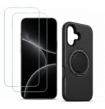 For iPhone 16 Plus+ MagSafe Black Spin Grip Ring Stand Case + 2 Pack Tempered Glass Screen Protectors