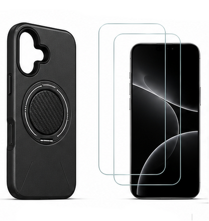 For iPhone 16 Plus+ MagSafe Black Spin Grip Ring Stand Case + 2 Pack Tempered Glass Screen Protectors