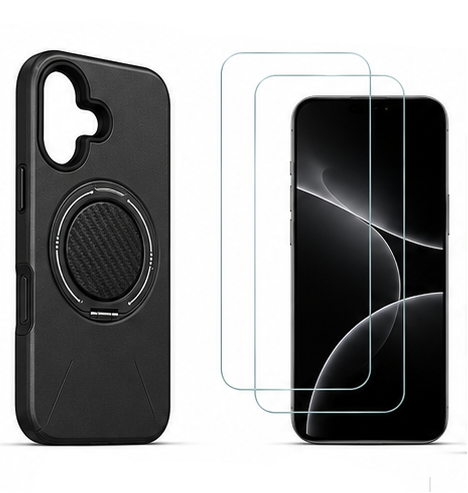 For iPhone 16 MagSafe Black Spin Grip Ring Stand Case + 2 Pack Tempered Glass Screen Protectors