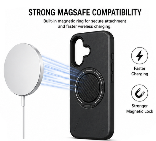 For iPhone 16 Plus+ MagSafe Black Spin Grip Ring Stand Case + 2 Pack Tempered Glass Screen Protectors