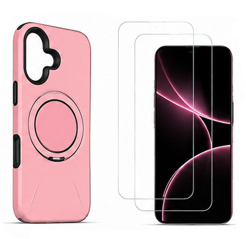 For iPhone 16 MagSafe Pink Spin Grip Ring Stand Case + 2 Pack Tempered Glass Screen Protectors