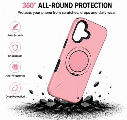 For iPhone 16 MagSafe Pink Spin Grip Ring Stand Case + 2 Pack Tempered Glass Screen Protectors