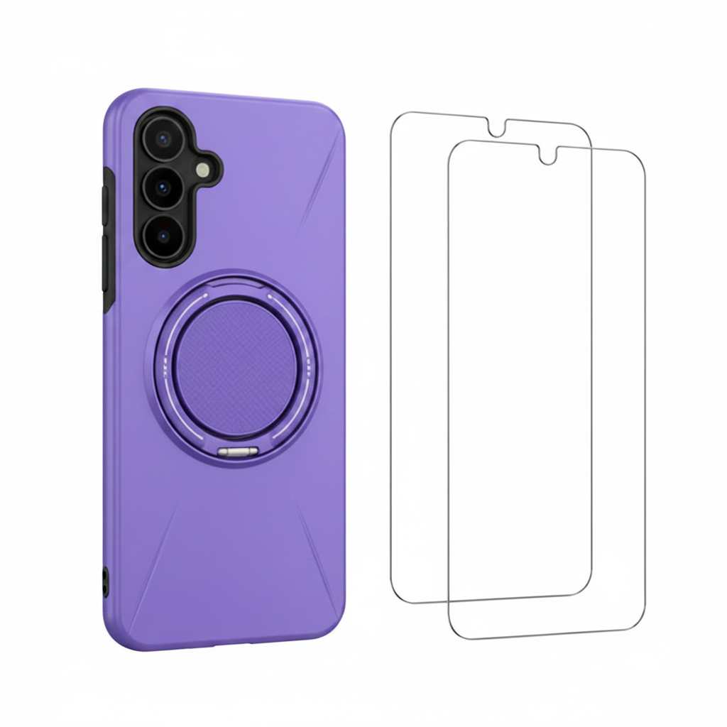 For Samsung Galaxy S24 Light Purple Magsafe Spin Grip Phone Case + 2 Pack Tempered Glass Screen Protectors