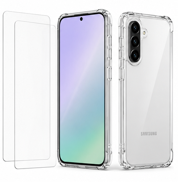 For Samsung Galaxy A55 Clear Shockproof Case + 2 Pack Tempered Glass Screen Protectors | Crystal Clear Protective Cover