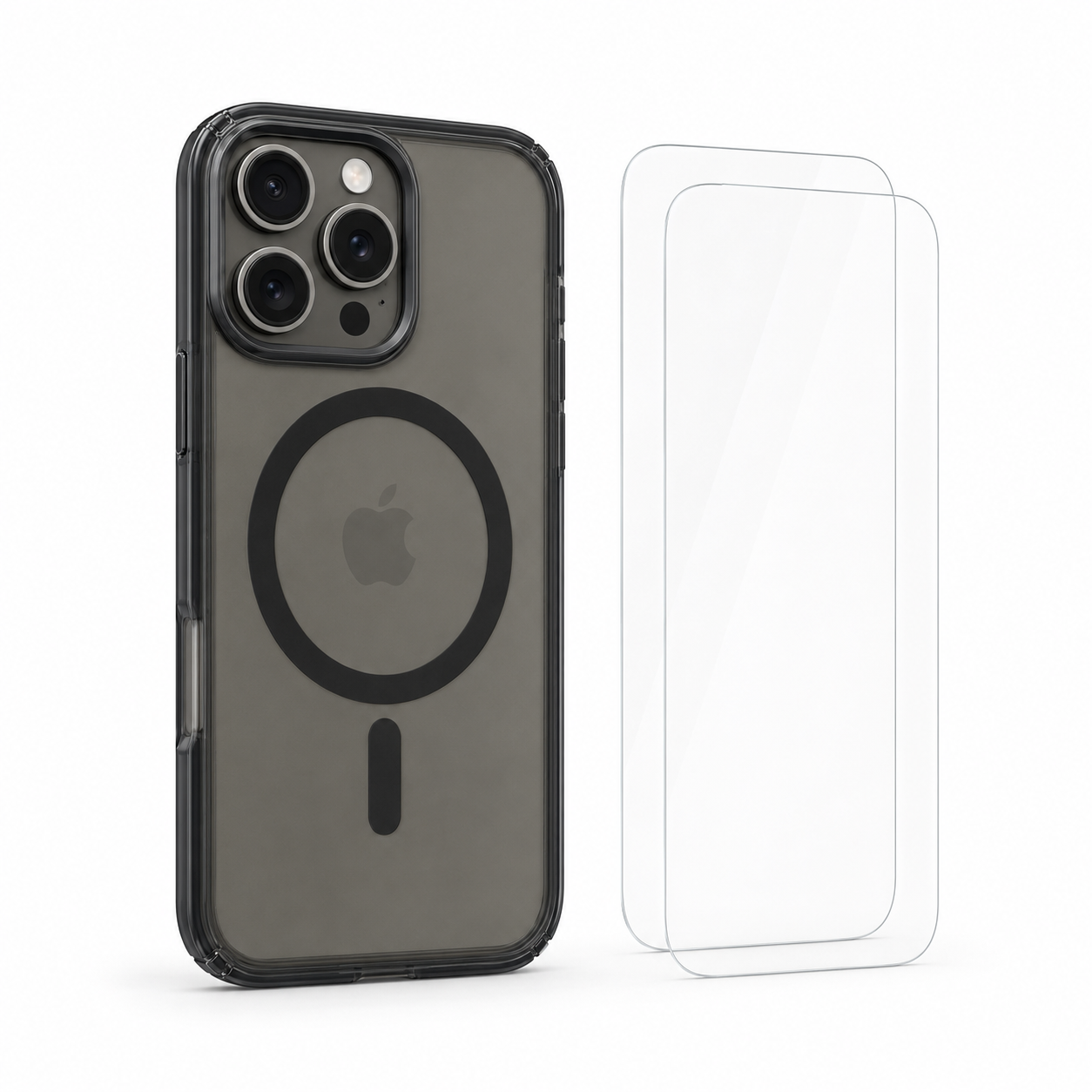For iPhone 15 Pro Magsafe Black Transparent Case + 2-Pack Tempered Glass Screen Protectors