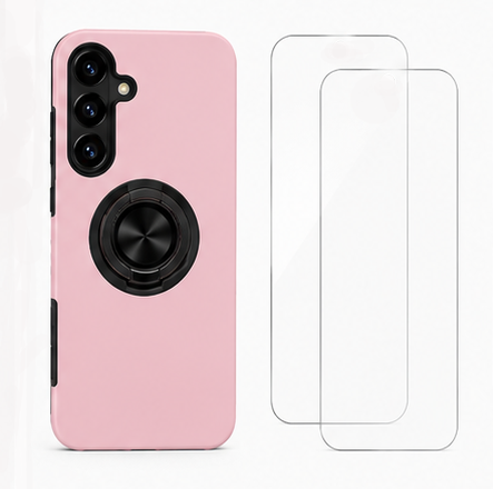 For Samsung Galaxy A57 Pink Magnetic Ring Stand Shockproof Phone Case + 2x Tempered Glass Screen Protectors