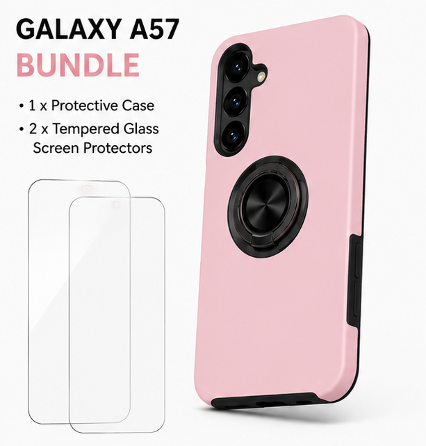 For Samsung Galaxy A57 Pink Magnetic Ring Stand Shockproof Phone Case + 2x Tempered Glass Screen Protectors