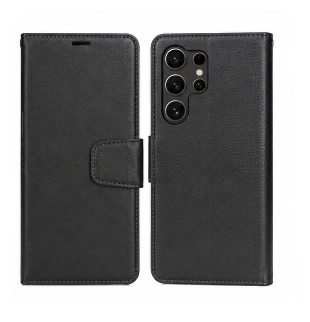 For Samsung Galaxy S24 Ultra Wallet Black Case + 2 Pack Tempered Glass Bundle