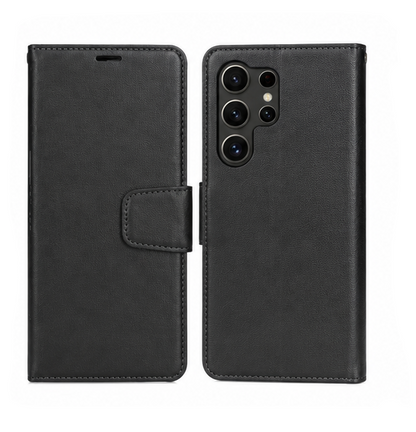 For Samsung Galaxy S24 Ultra Wallet Black Case + 2 Pack Tempered Glass Bundle