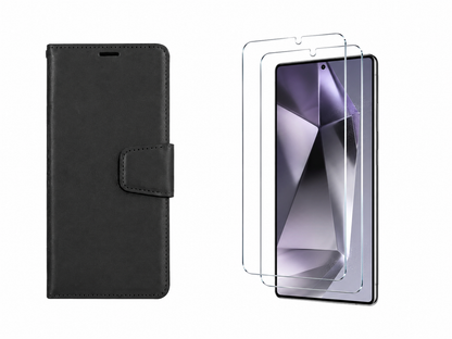 For Samsung Galaxy S24 Ultra Wallet Black Case + 2 Pack Tempered Glass Bundle