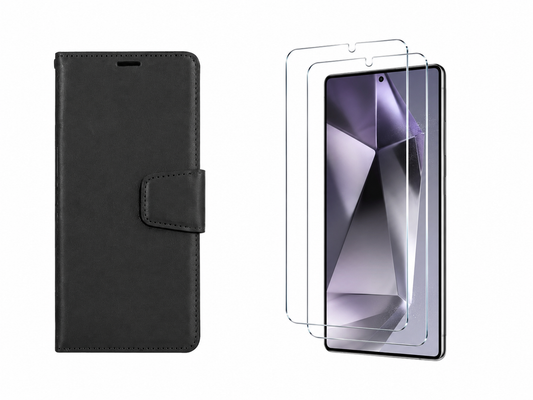 For Samsung Galaxy S25 Ultra Wallet Black Case + 2 Pack Tempered Glass Bundle