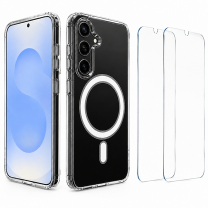 For Samsung Galaxy A26 Clear Magsafe Case + 2 Glass Screen Protectors – MagSafe Compatible Shockproof Cover