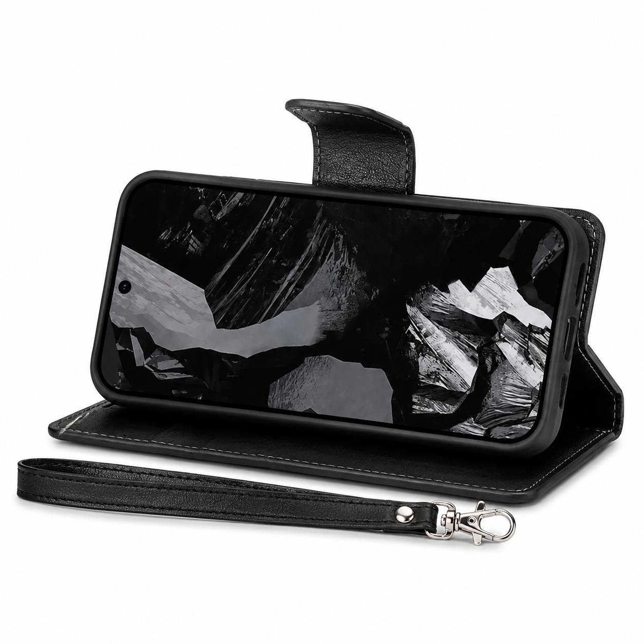 For Google Pixel 11 Wallet Case Black Flip Cover with Lanyard