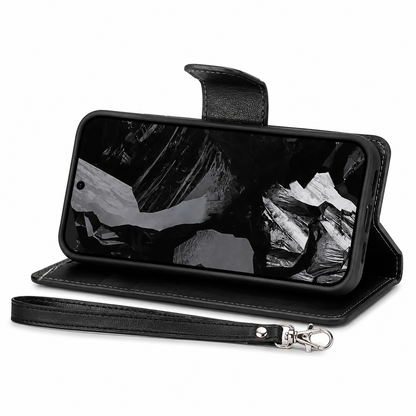 For Google Pixel 11 Wallet Case Black Flip Cover with Lanyard