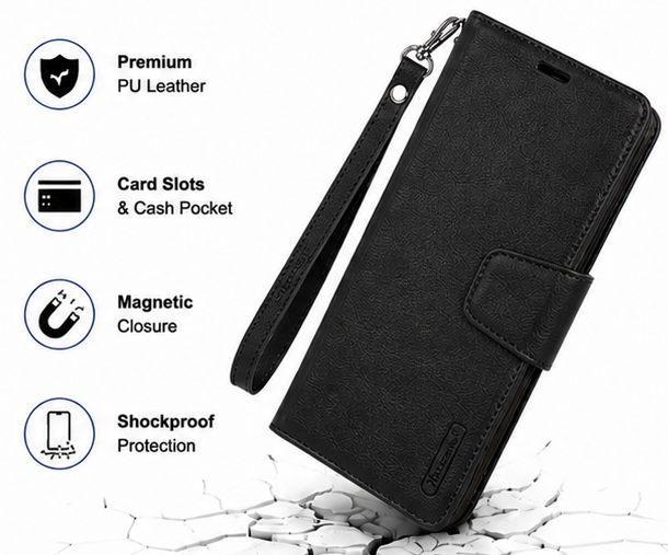 For Google Pixel 11 Wallet Case Black Flip Cover with Lanyard