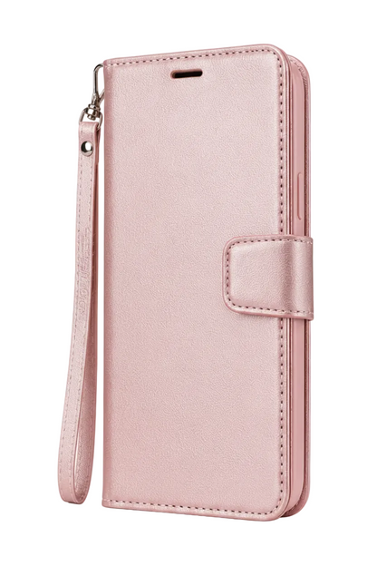 For iPhone 16 Plus Wallet Case Rose Gold Pink Flip Cover with Card Slots & Wrist Strap