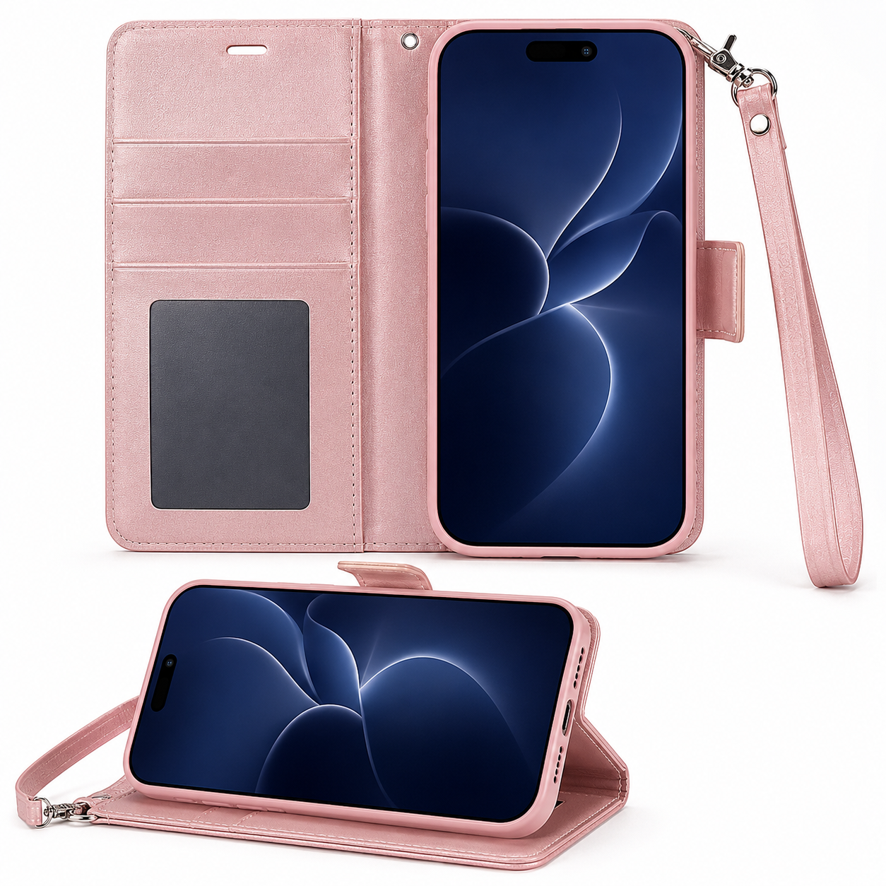 For iPhone 16 Plus Wallet Case Rose Gold Pink Flip Cover with Card Slots & Wrist Strap