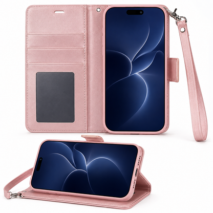 For iPhone 16 Plus Wallet Case Rose Gold Pink Flip Cover with Card Slots & Wrist Strap