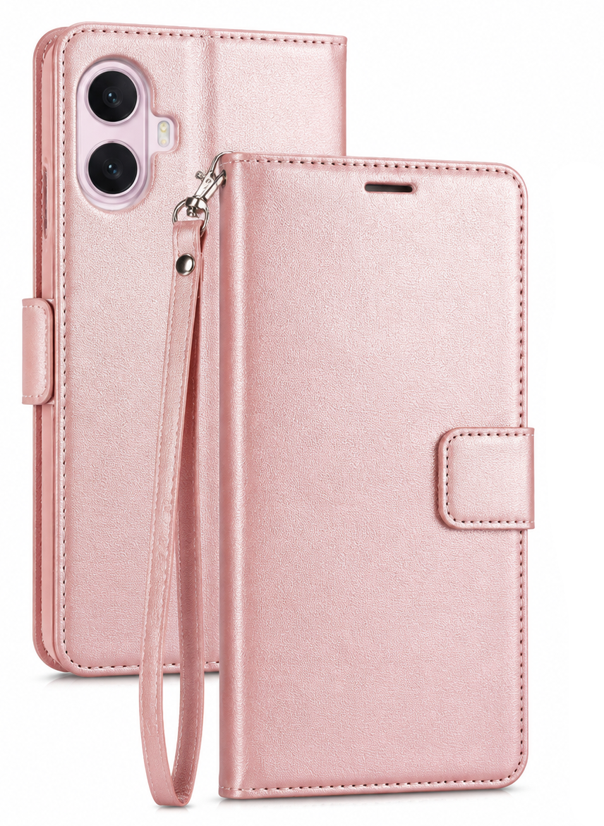 For iPhone 16 Plus Wallet Case Rose Gold Pink Flip Cover with Card Slots & Wrist Strap