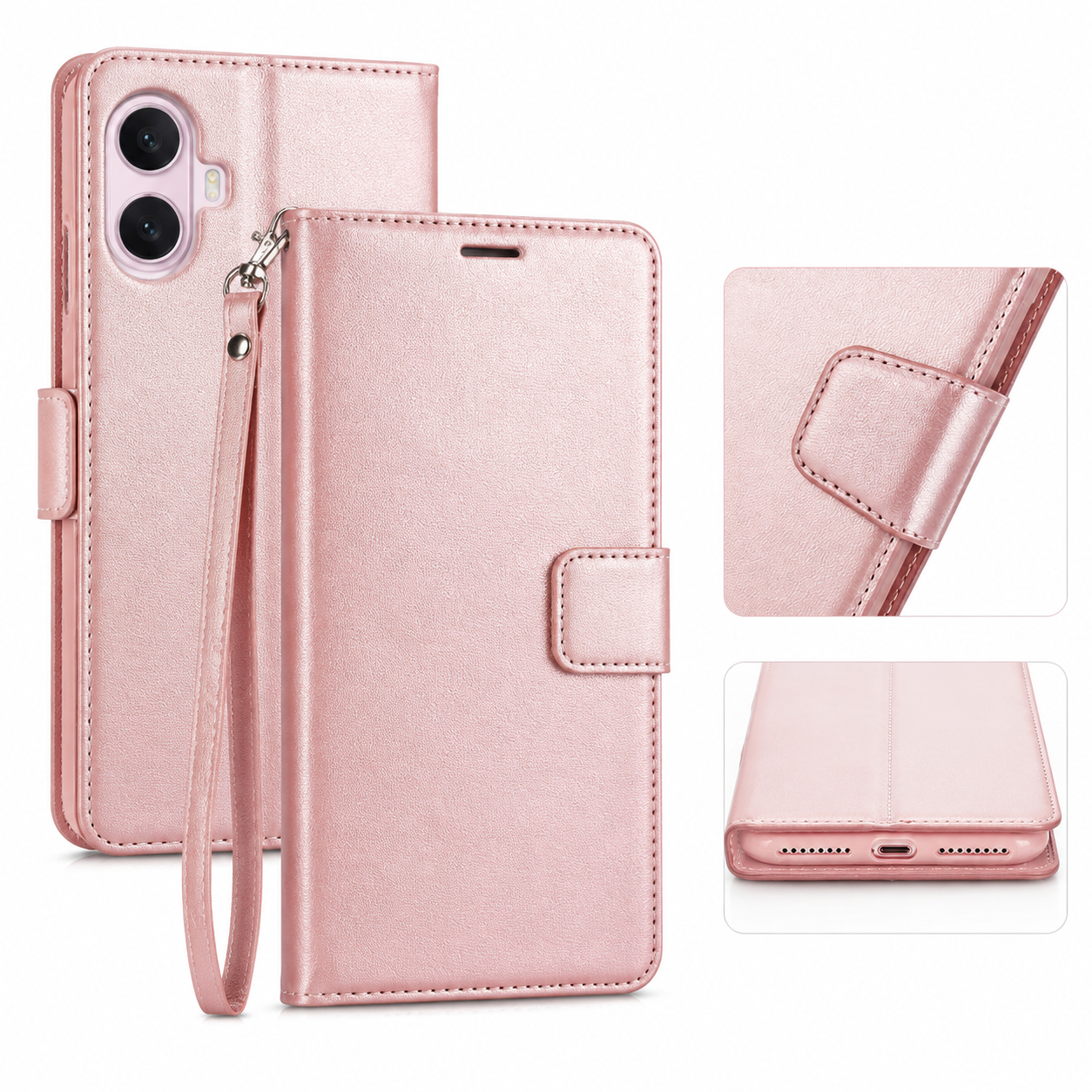 For iPhone 16 Plus Wallet Case Rose Gold Pink Flip Cover with Card Slots & Wrist Strap