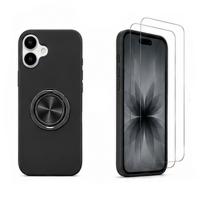 For iPhone 16 Magsafe Ring Stand Shockproof Black Case + 2x Tempered Glass Screen Protectors