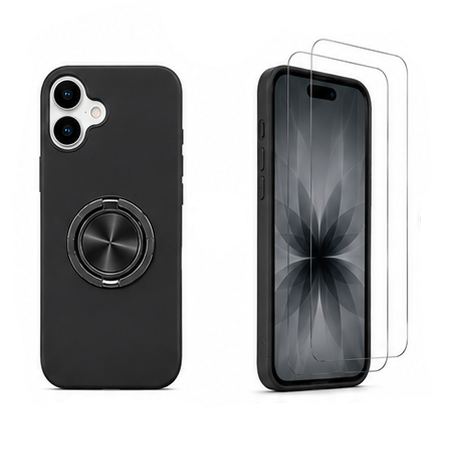 For iPhone 16 Magnetic Ring Stand Shockproof Black Case + 2 Tempered Glass Screen Protectors