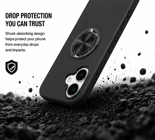 For iPhone 16 Magsafe Ring Stand Shockproof Black Case + 2x Tempered Glass Screen Protectors