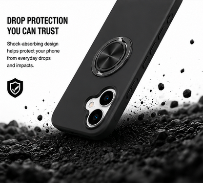 For iPhone 16 Magsafe Ring Stand Shockproof Black Case + 2x Tempered Glass Screen Protectors