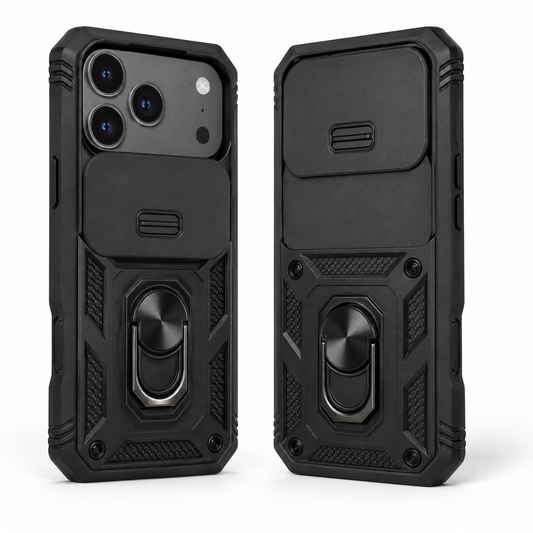For iPhone 17 Pro Max Rugged Case with Sliding Camera Cover, Ring Holder & Kickstand – Black