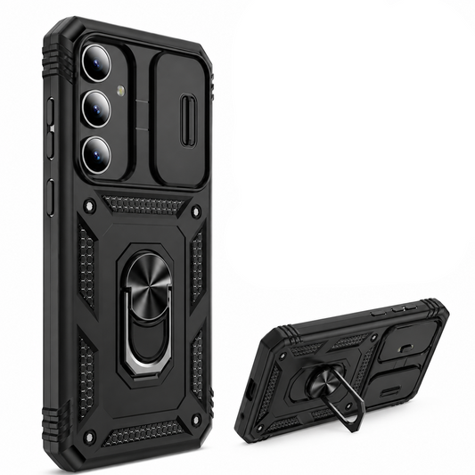 For Samsung Galaxy S24 Rugged Shockproof Case with Sliding Camera Cover, Ring Kickstand– Black