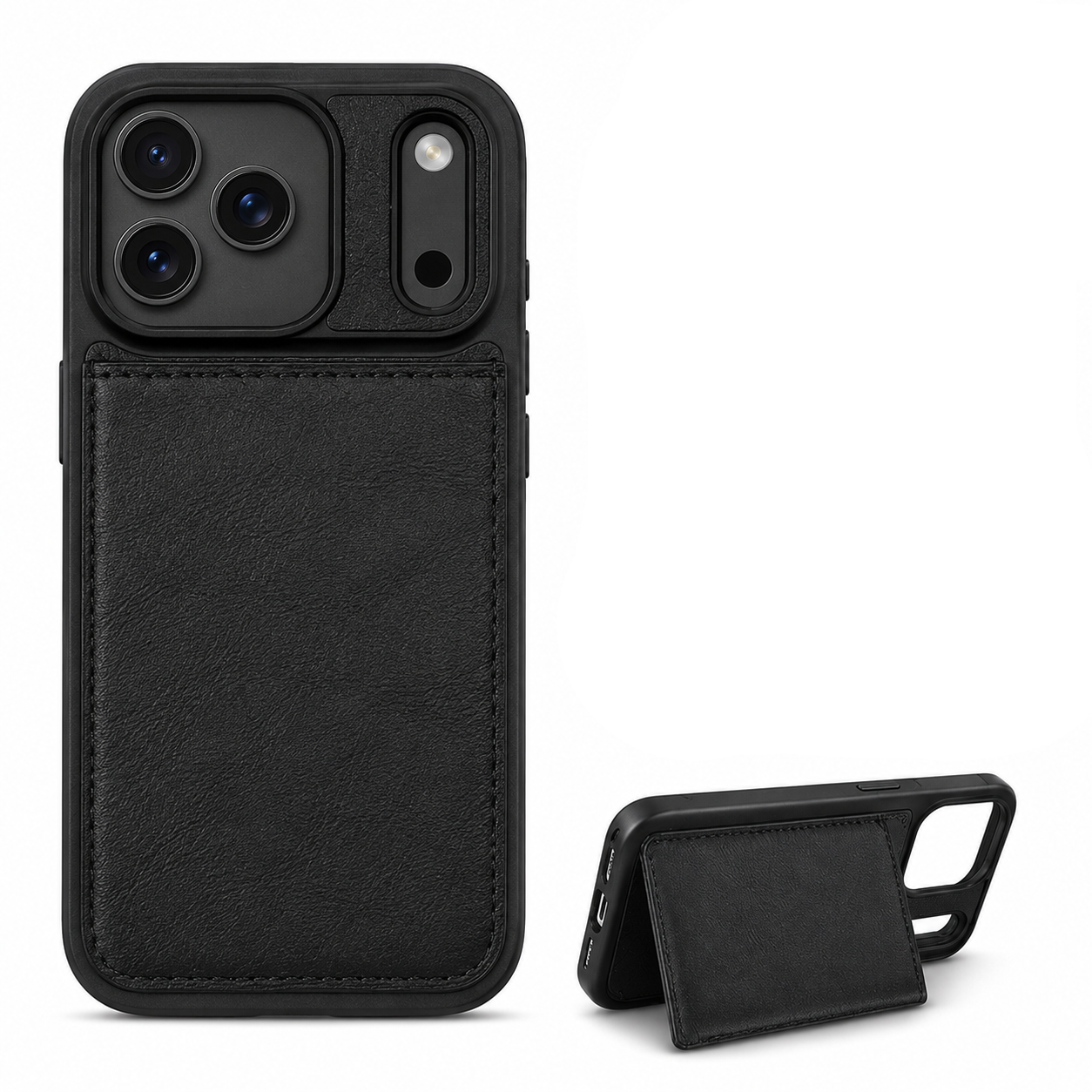 For iPhone 17 Pro Back Wallet Case with Card Holder Kickstand Black + 2 x Tempered Glass Screen Protectors Bundle